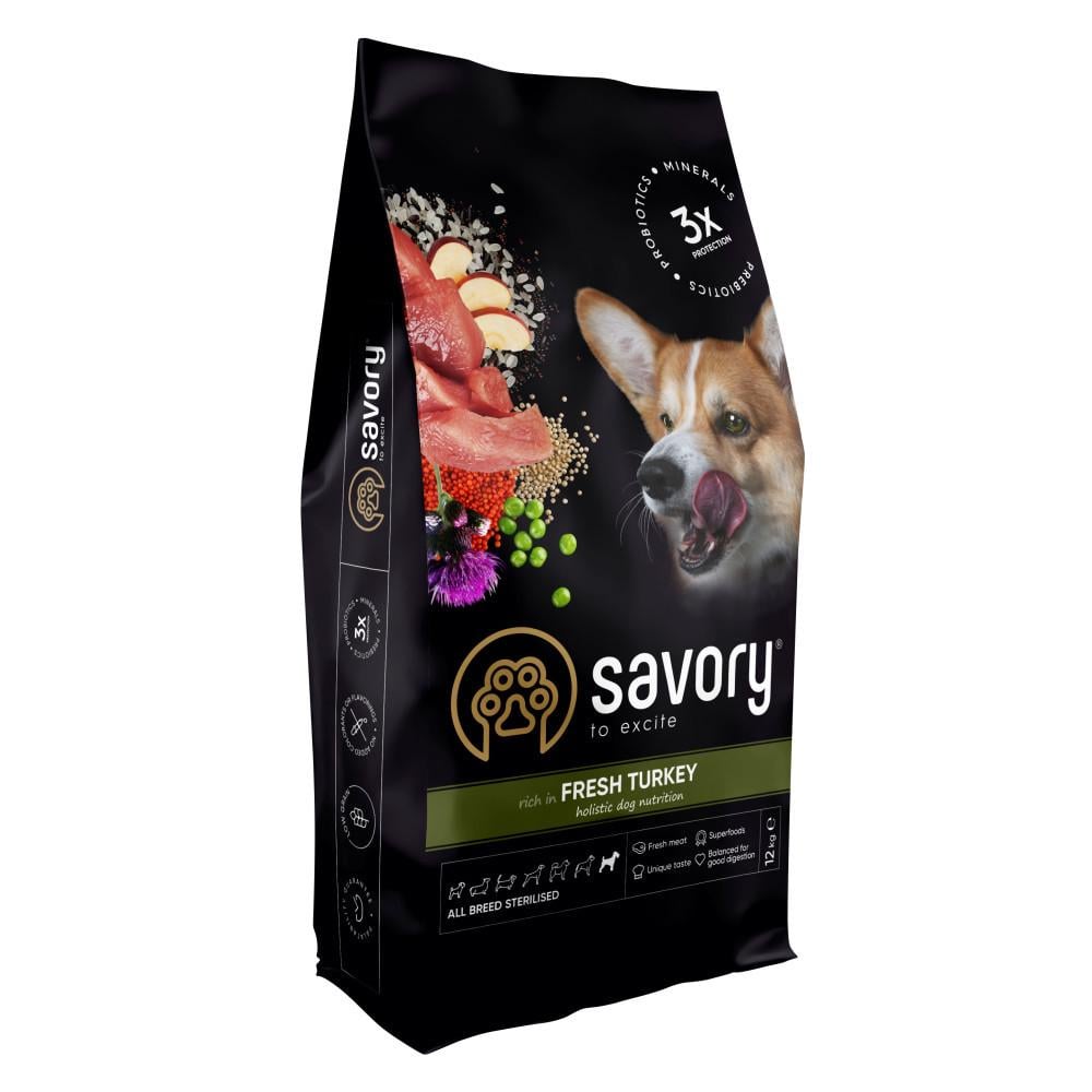 Корм сухой Savory All Breed Sterilised Rich in Fresh Turkey для стерилизованных собак всех пород со свежей индейкой 12 кг (4820232631515)
