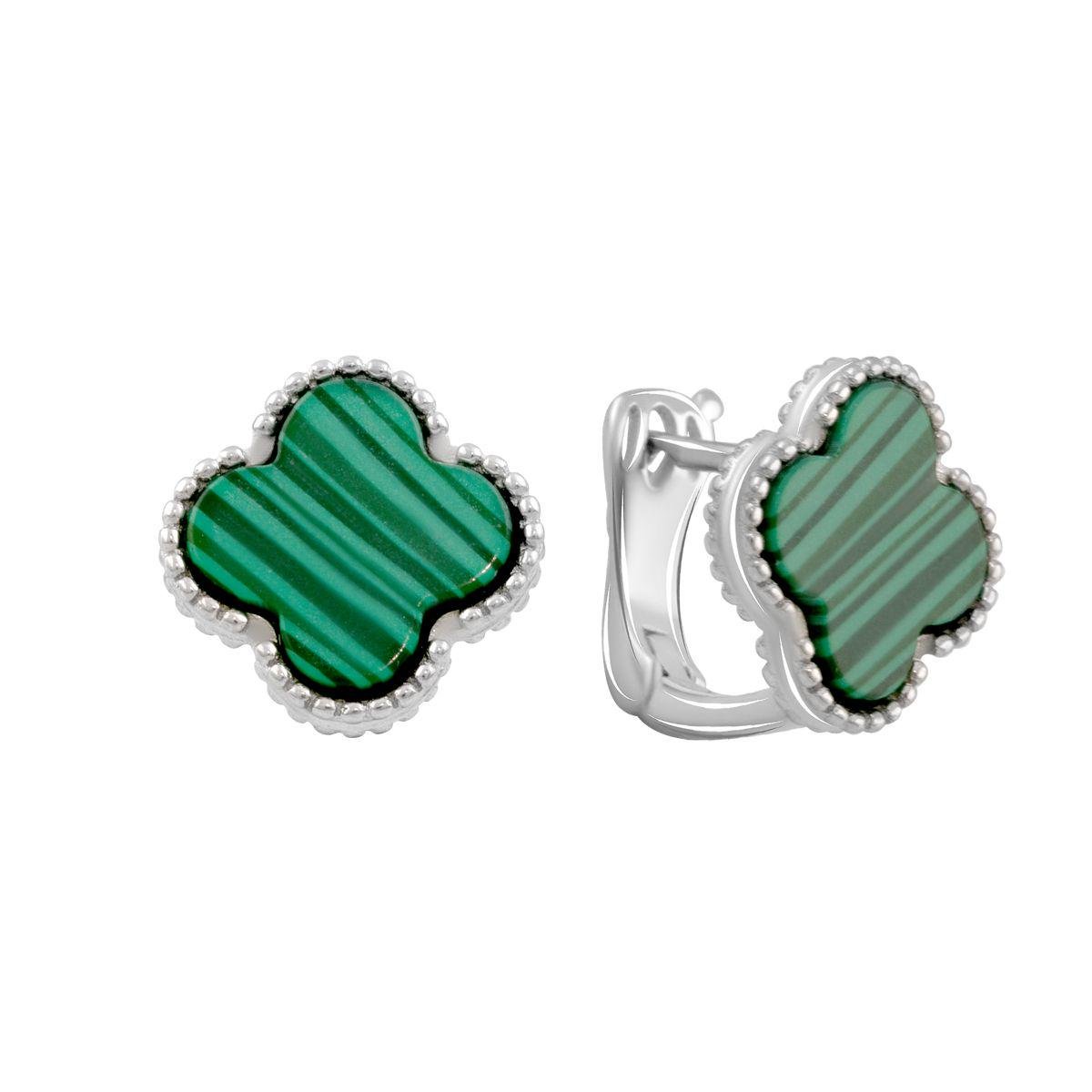 Сережки срібні з малахітом у формі конюшини