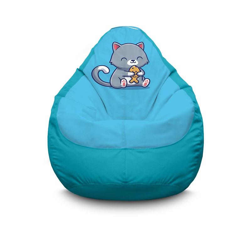 Крісло мішок iPuff Cute cat With Fish Оксфорд XXL 90х125 см Блакитний