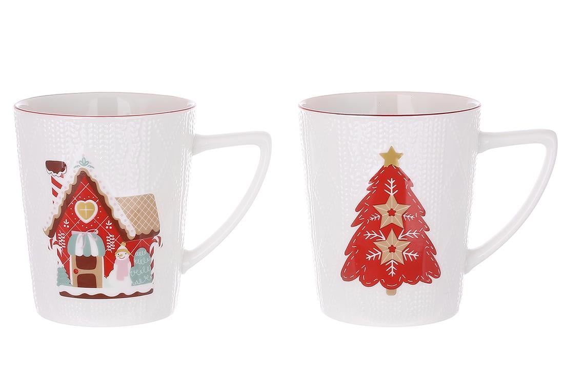 Набор кружек фарфоровых BonaDi Имбирный Пряник с красным ободком и выпуклым дизайном 400 мл 4 шт.(311-100)