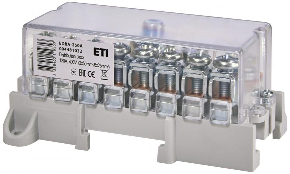 Блок распределительный ETI EDBA-250A 250А 1х120 мм2/1х50 мм2/8х25 мм2 400 В на DIN-рейку (4481032)