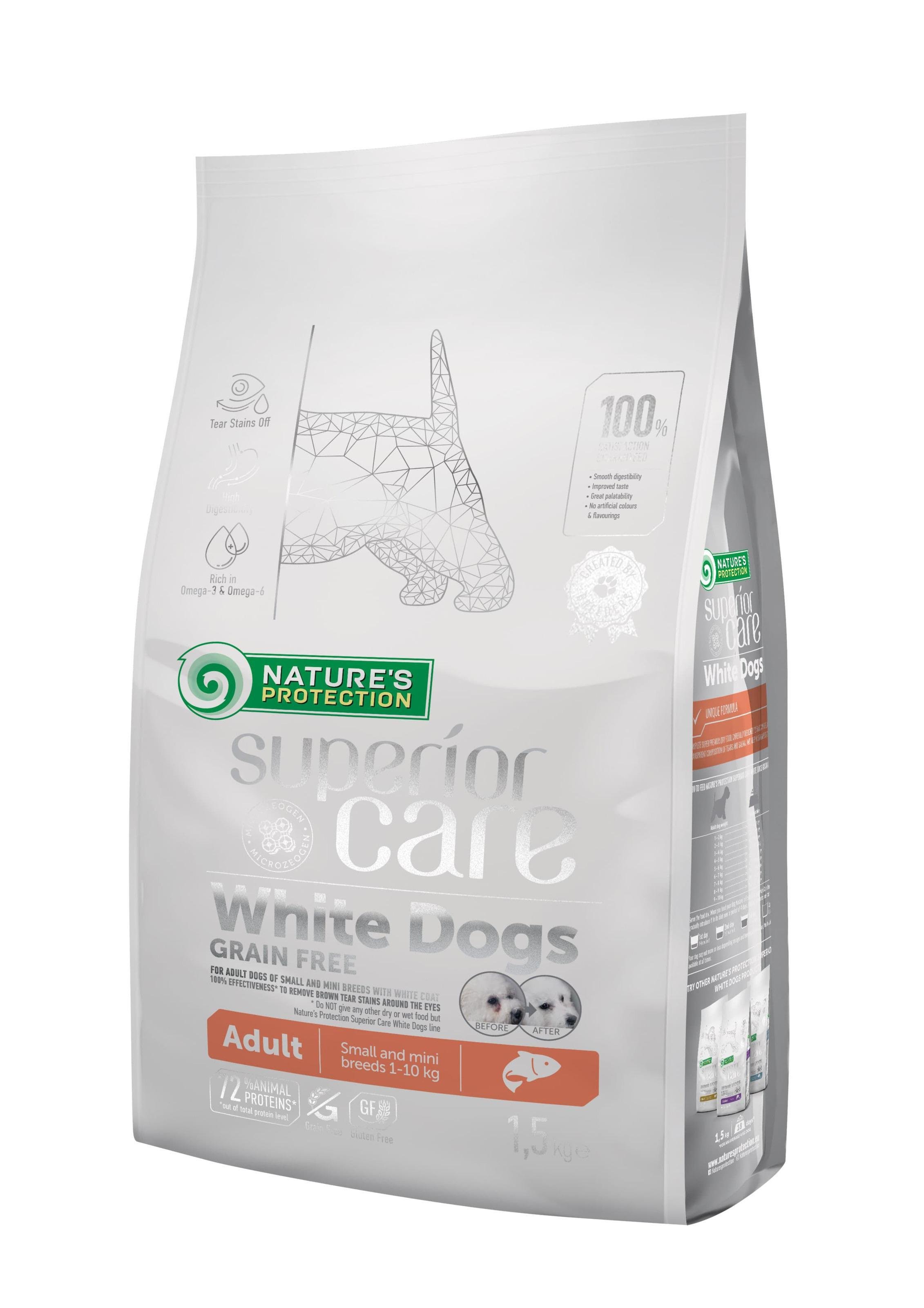 Корм сухой Nature's Protection Superior Care White dogs Grain Free Salmon Small and Mini Breeds с лососем для собак малых пород с белым окрасом шерсти 1,5 кг (NPSC45834) - фото 1