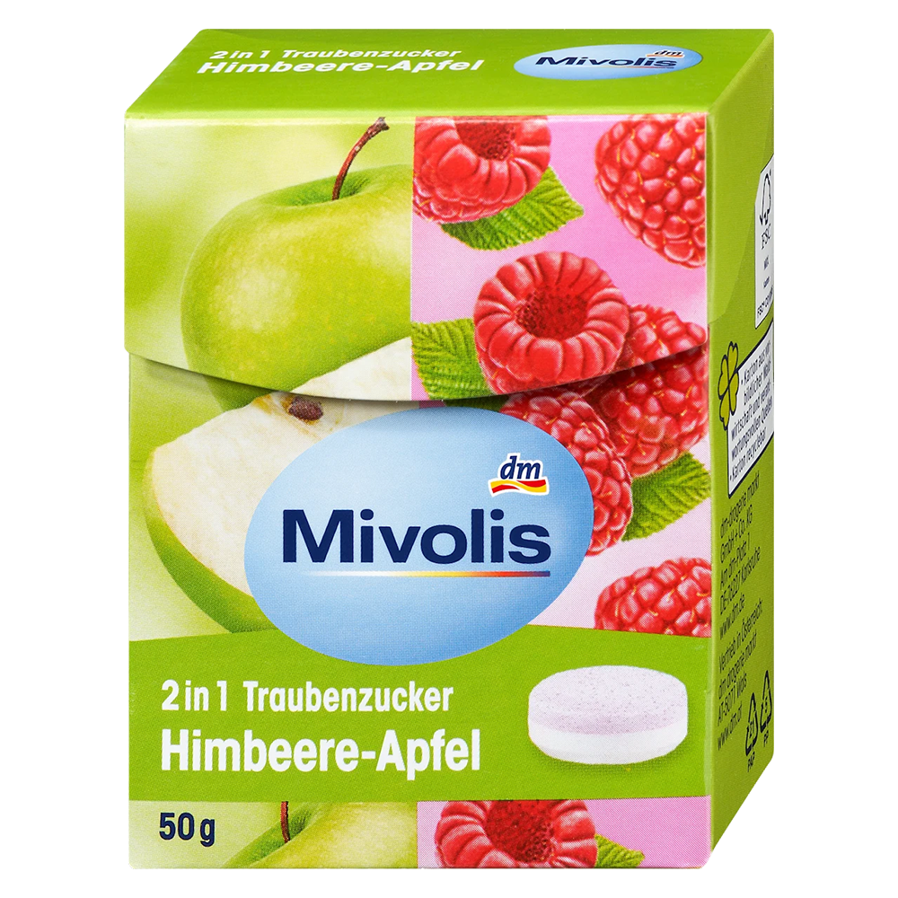 Цукерки з виноградним цукром DM Mivolis Traubenzucker 2in1 Himbeere-Apfel Яблуко-малина 50 г (EPI-15102025-1386)