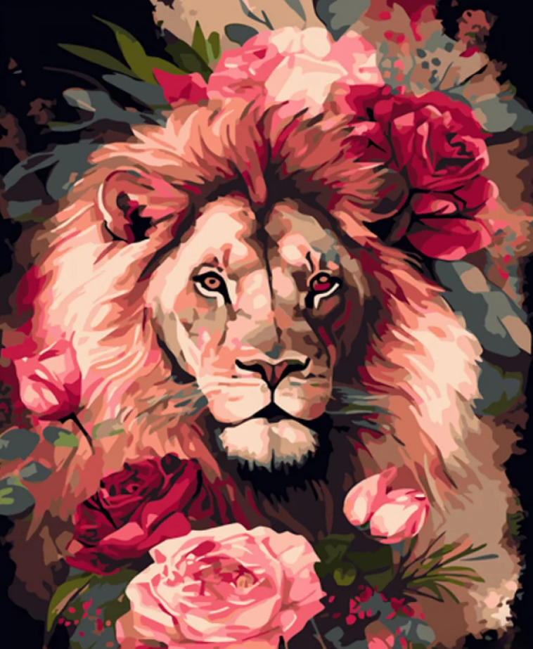 Картина по номерам Strateg Лев в розах 40x50 см (GS959)