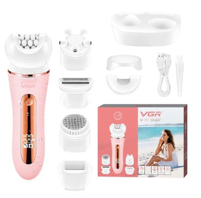 Эпилятор VGR V-751 USB 5в1 бритва/пемза/массажер/щетка 5 насадок Розовый
