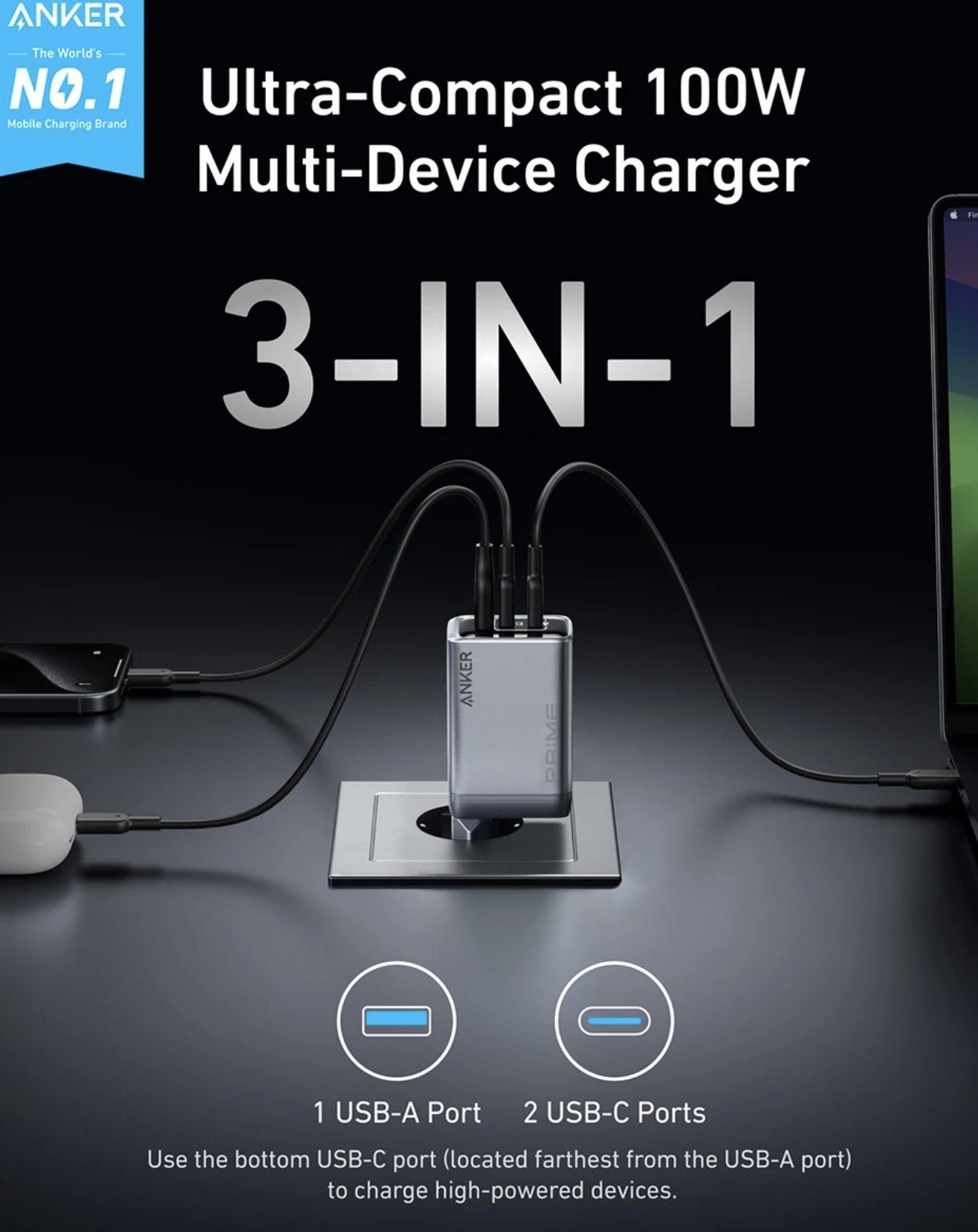 Мережевий зарядний пристрій Anker GaNPrime 100W Silver (A2688341) - фото 2 Мережевий зарядний пристрій Anker GaNPrime 100W Silver (A2688341) - фото 2