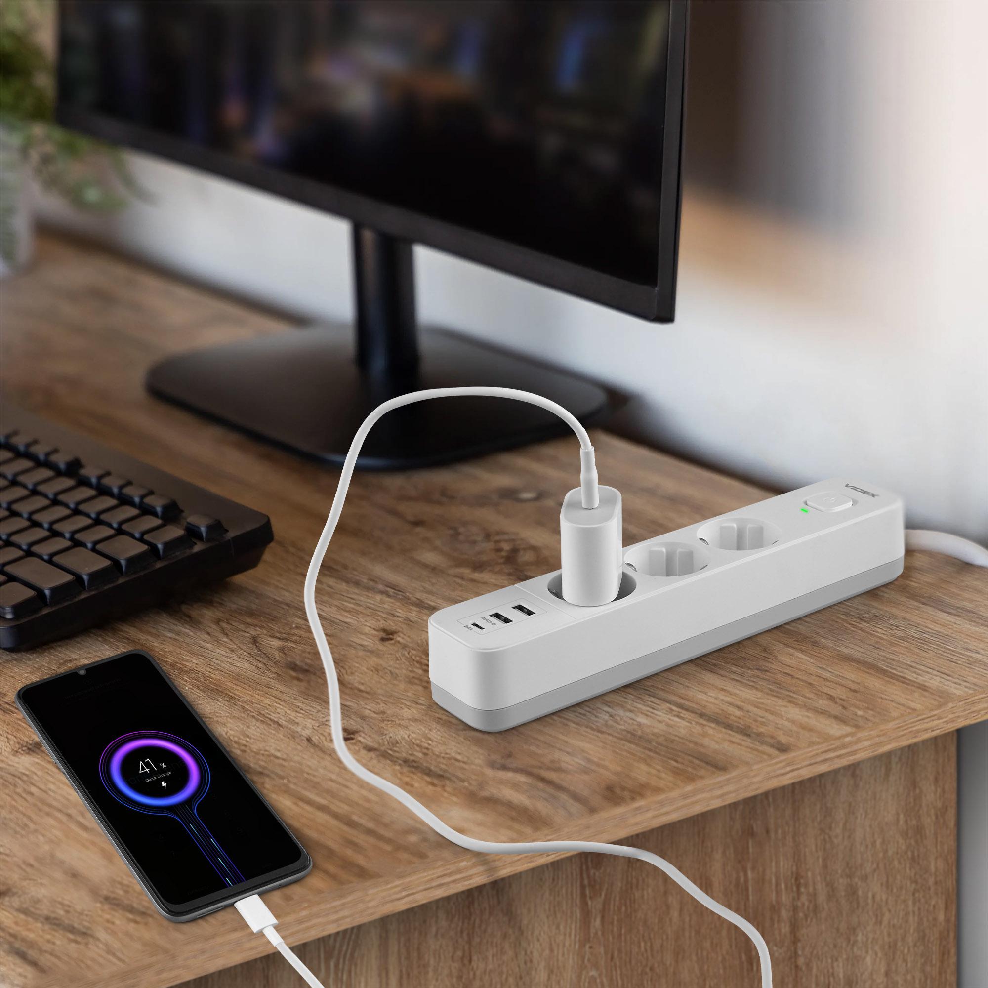 Подовжувач Videx ONCORD 2хUSB/USB-C 3 гнізда із заземленням/кнопкою/шторками 3 м Білий (VF-PD33G2U1C-W) - фото 12
