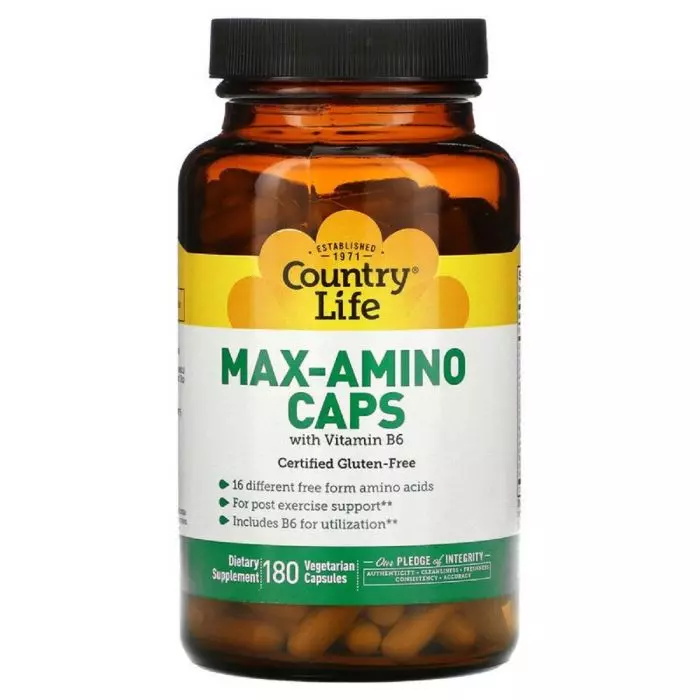 Комплекс амінокислот з вітаміном B6 Max-Amino Caps Country Life 180 вегетаріанських капсул (CLF1496)