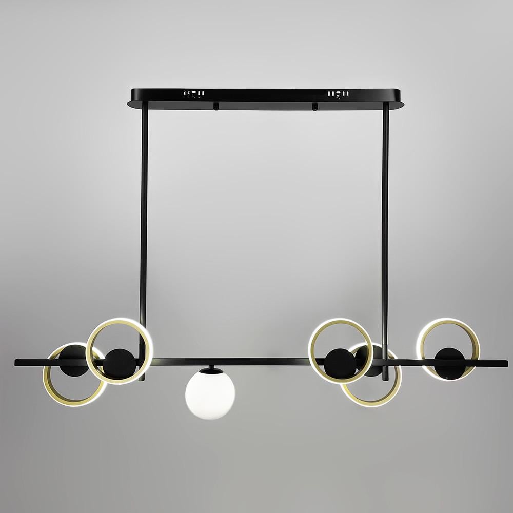 Люстра видовжена із світлодіодними латунними кільцями та з одним білим плафоном 120 см (NO 5-1200)