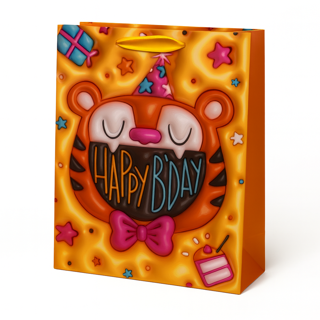 Подарунковий пакет Stenson Happy Birthday 3D з тигреням 18х23х8 см Жовтий (R98657-S)