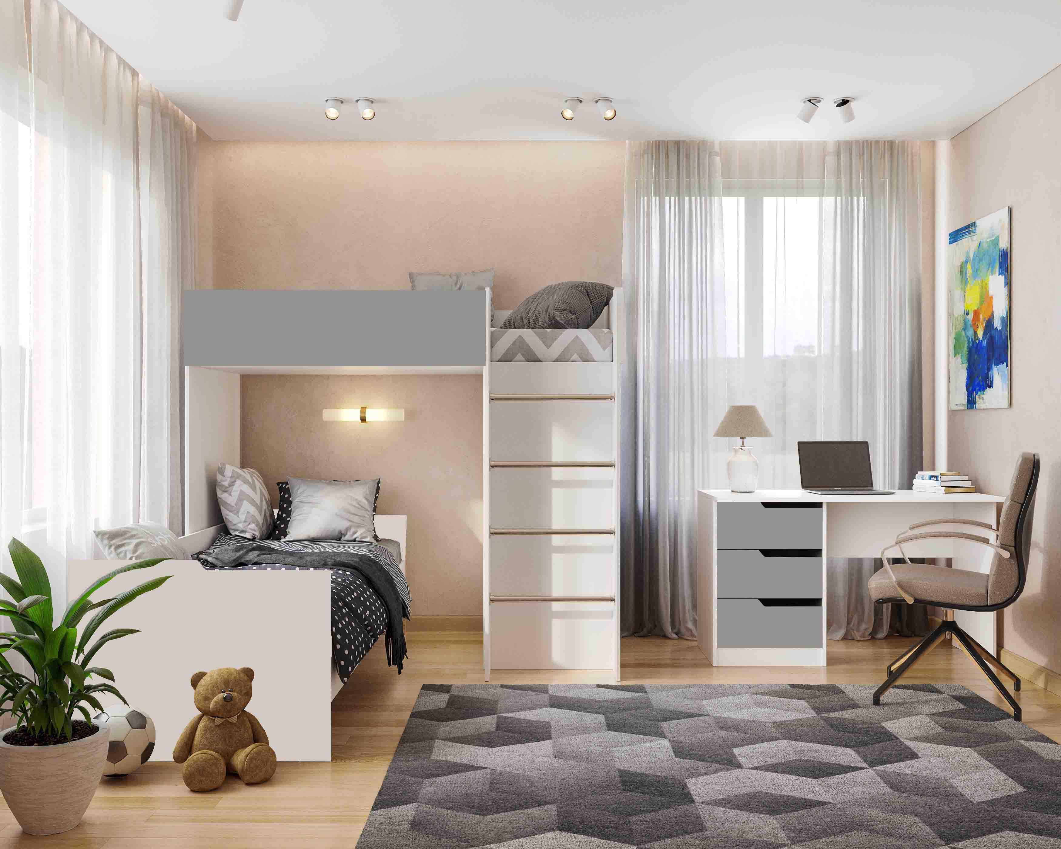 Комплект для детской BED-ROOM 3 две кровати/шкаф и письменный стол 1940x1020x1690 мм Белый/Серый