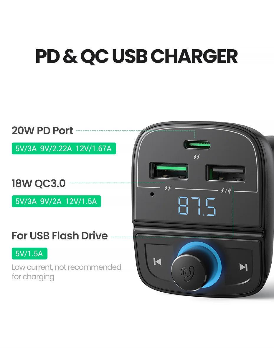 Адаптер UGREEN Bluetooth 5.0 FM-передатчик радио 2x Type-C/1x USB-A QC/PD 3.0 Hand-Free Черный (80910) - фото 3