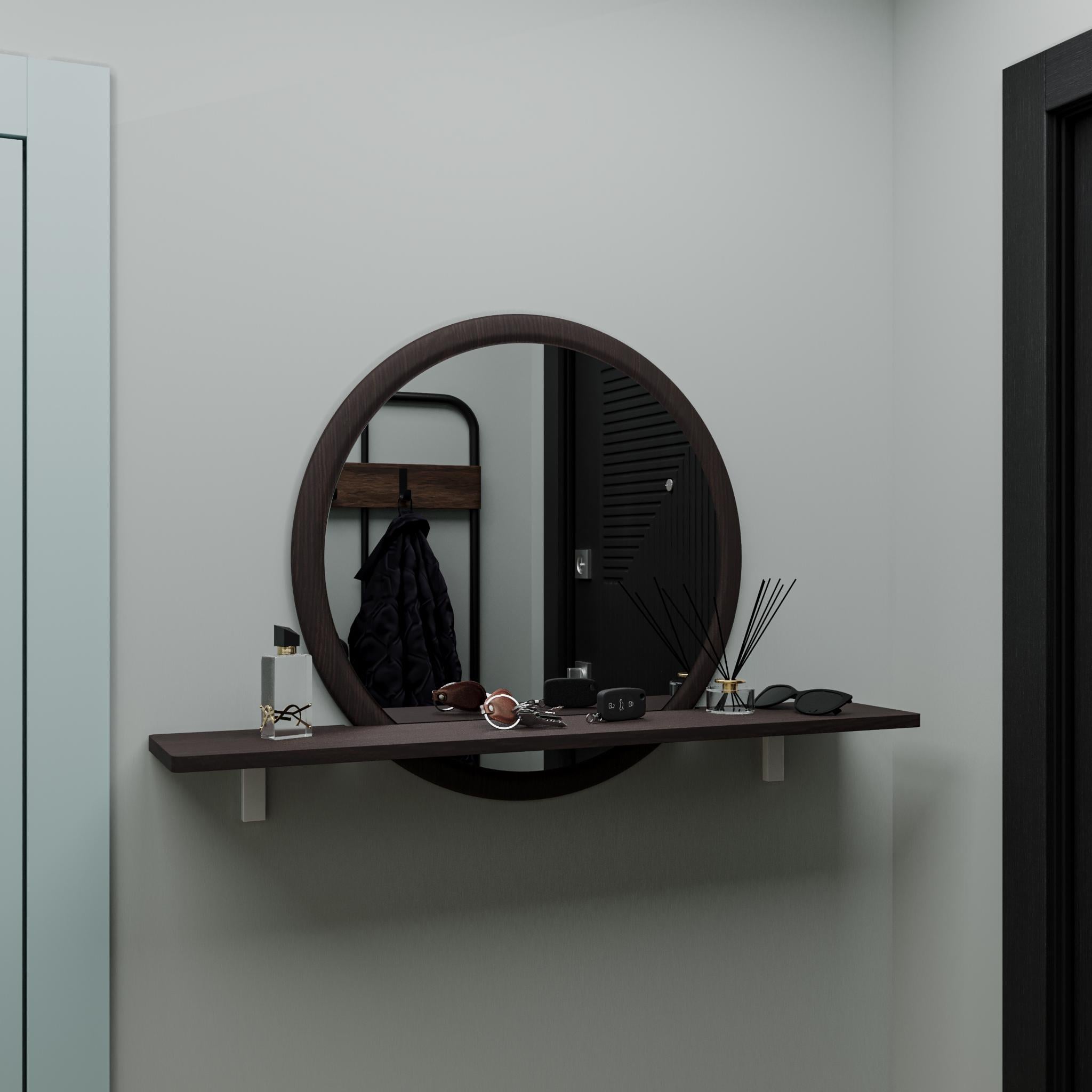 Зеркало настенное круглое 60 см с полкой 90 см МДФ влагостойкое Венге (А-140)