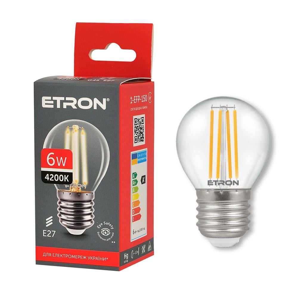 Светодиодная филаментная лампа ETRON Filament 1-EFP-150 G45 E27 6W 4200K Прозрачный (13751)