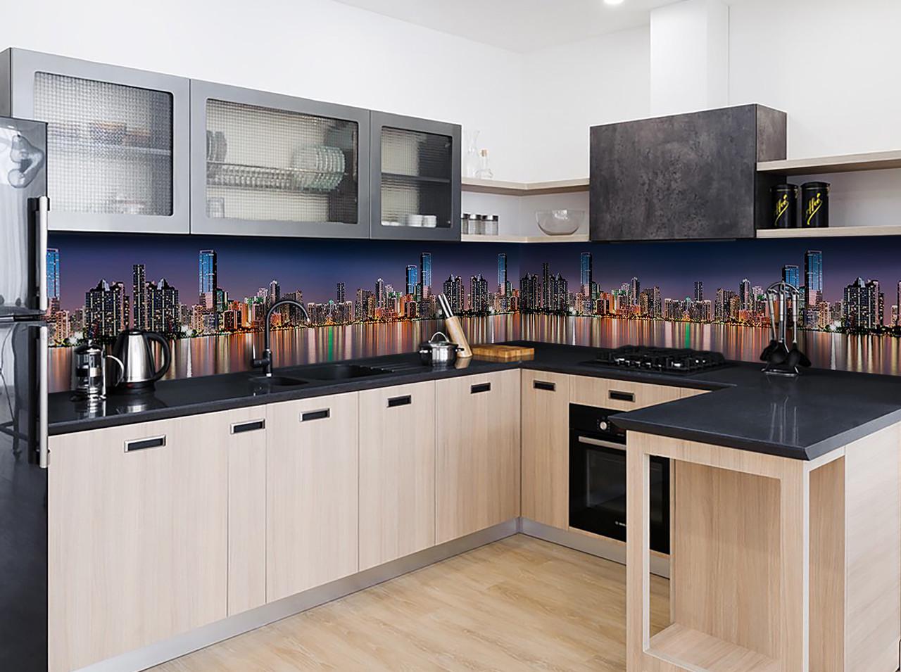 Кухонный фартук Отражение огней города небоскребы из самоклеющейся виниловой пленки 65х250 см Синий