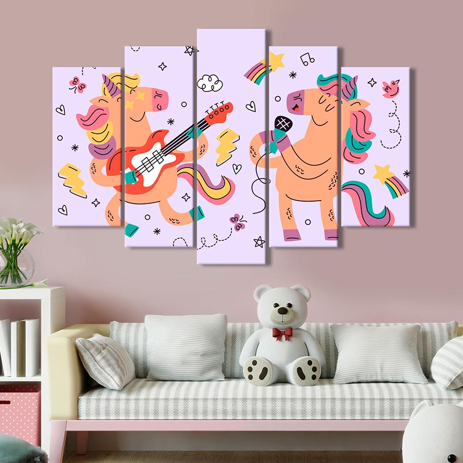 Картина в детскую комнату Забавные единороги-музыканты 112x68 см (A1436-5)