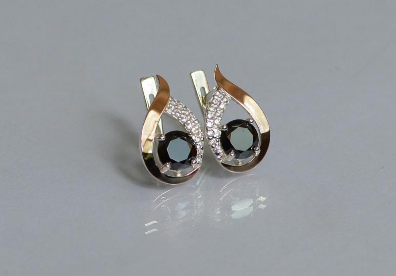 Серебряные серьги Sil с золотыми накладками 144s-9 Черный (Sil-1164)