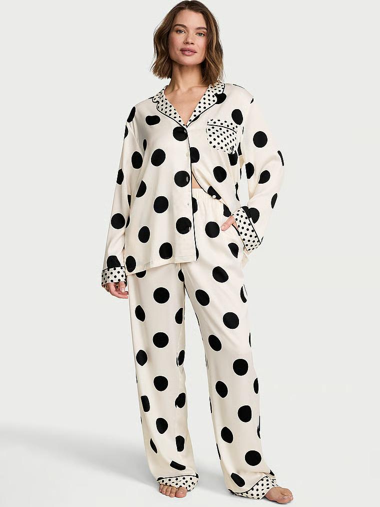 Пижама Victoria's Secret Signature Satin Long Pajama Set Tan & Black Dots Regular S Белый (27303273)