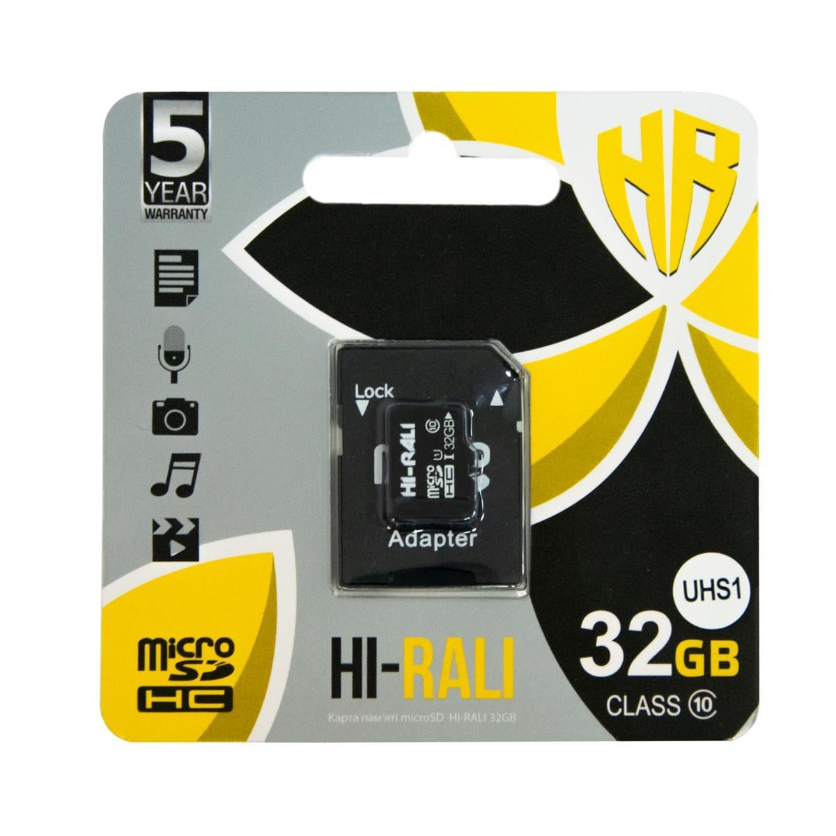 Карта пам'яті Hi-Rali 32 Гб MicroSDHC з адаптером class 10 UHS-1 Чорний (1008463-Black)