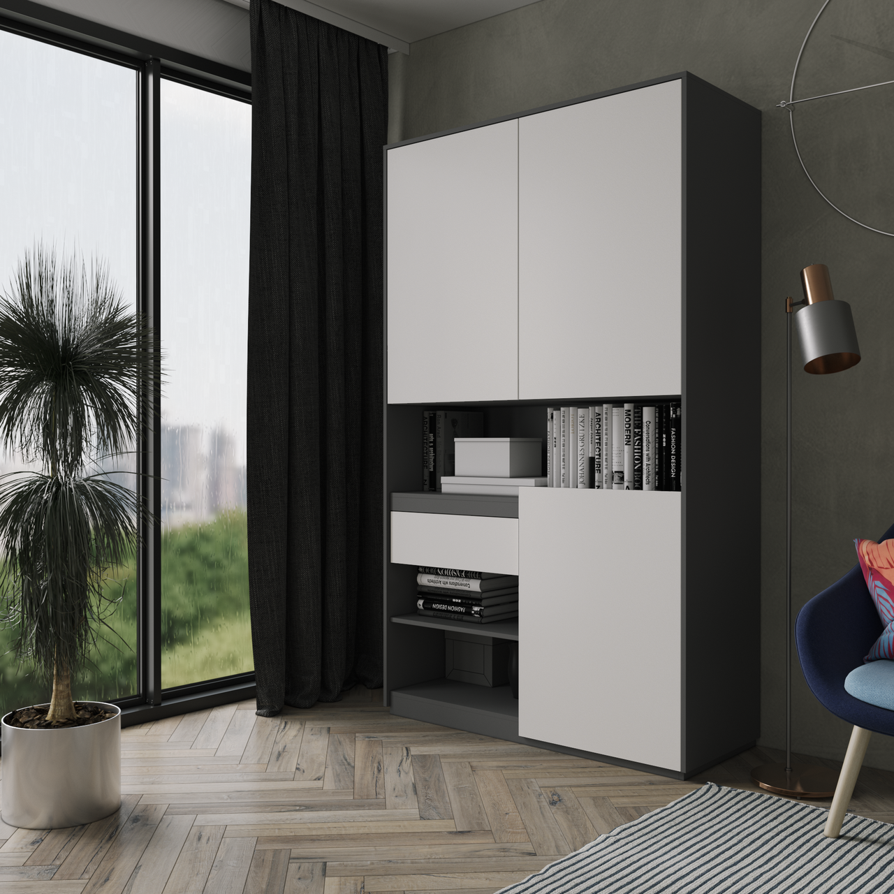 Шкаф для книг и документов Moreli RS-1 Blum 124x2100x500 мм Антрацитовый/Белый (mo-rs1-antracit-white)