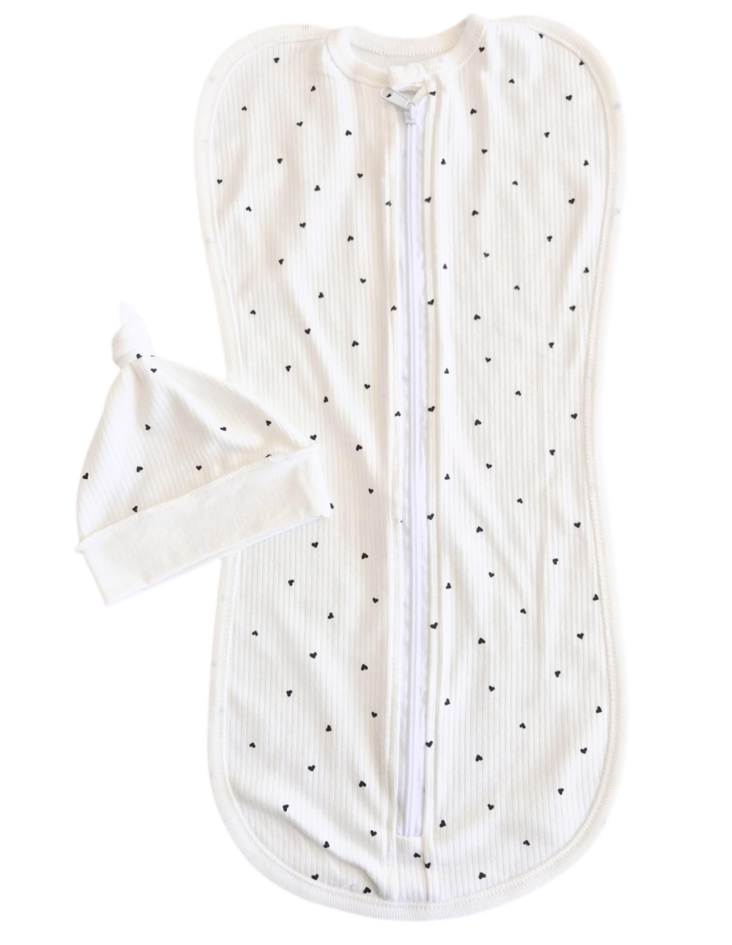 Пеленка-кокон на молнии с шапочкой №101 с сердечками евро интерлок 0-6 мес. Белый (143792)