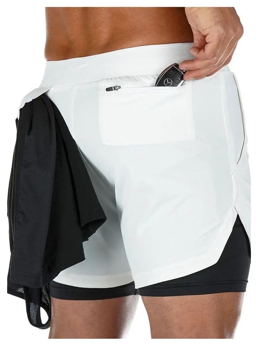 Шорты спортивные мужские с тайтсами для тренировок бега и фитнеса с карманом с черным подкладом XXXL Белый (100009XXXL) - фото 3
