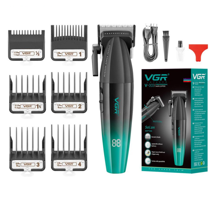 Машинка для стрижки VGR V-003 Turbo режим 9000 RPM керамічне лезо 6 насадок 2500 мАг