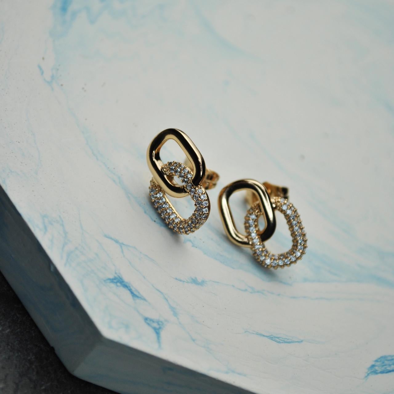 Сережки-гвоздики овалы с фианитами медицинская сталь позолота (x095-2)