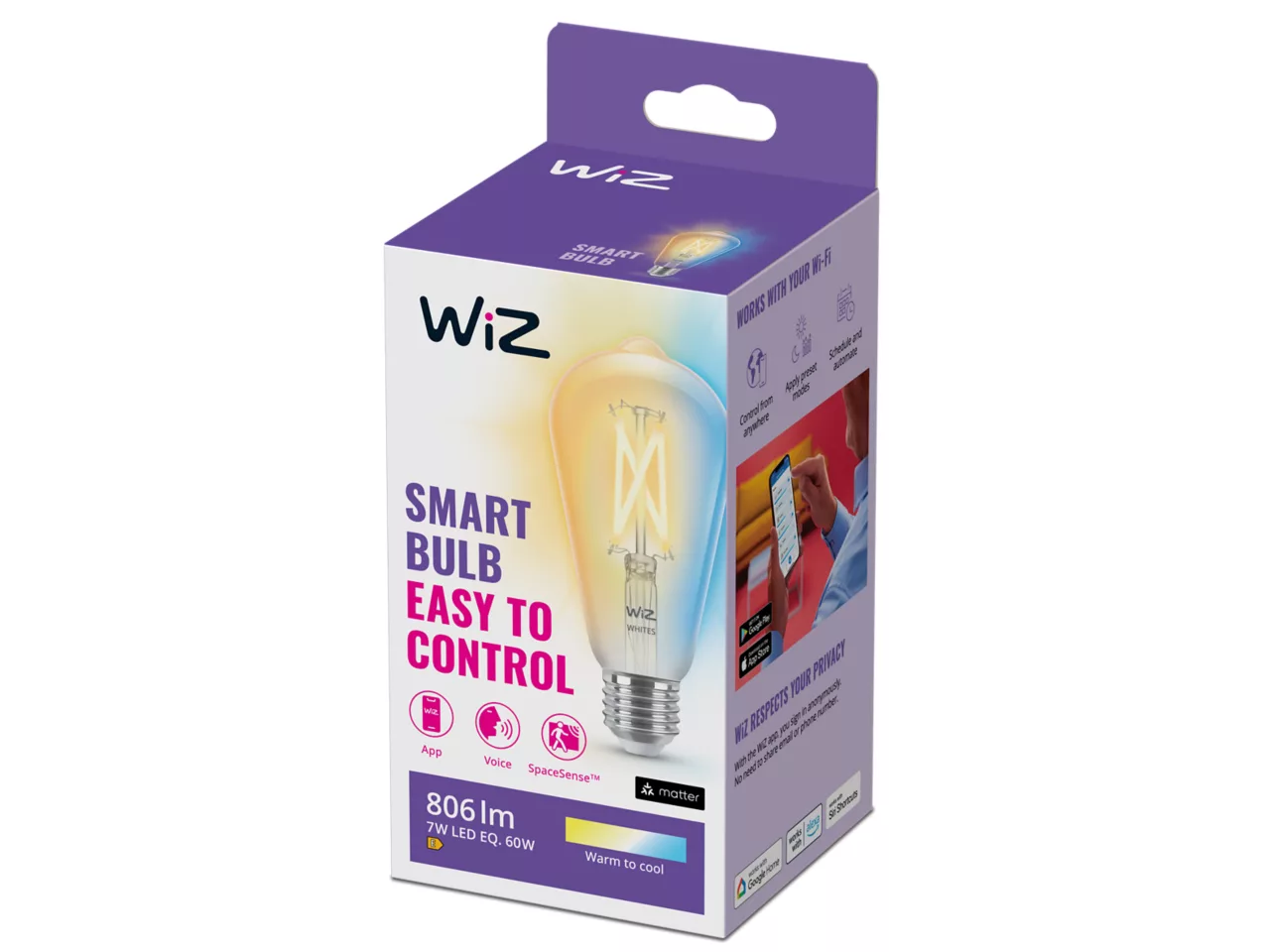 Умная лампа WiZ Filament ST64 E27 7W 806 лм Wi-Fi Matter Bluetooth White Ambiance (3100280006)