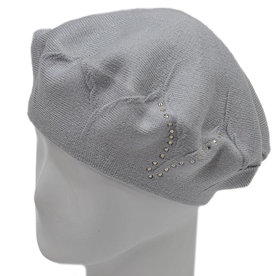 Берет Lirus Ирис двойной из шерсти тонкой вязки сбоку с камнями р. 56-58 Серо-голубой