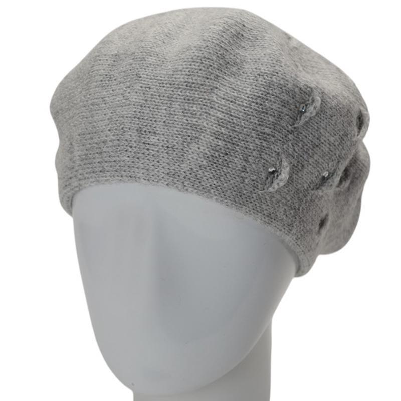 Берет женский двойной Lirus Суфле с узором и стразами Светло-серый