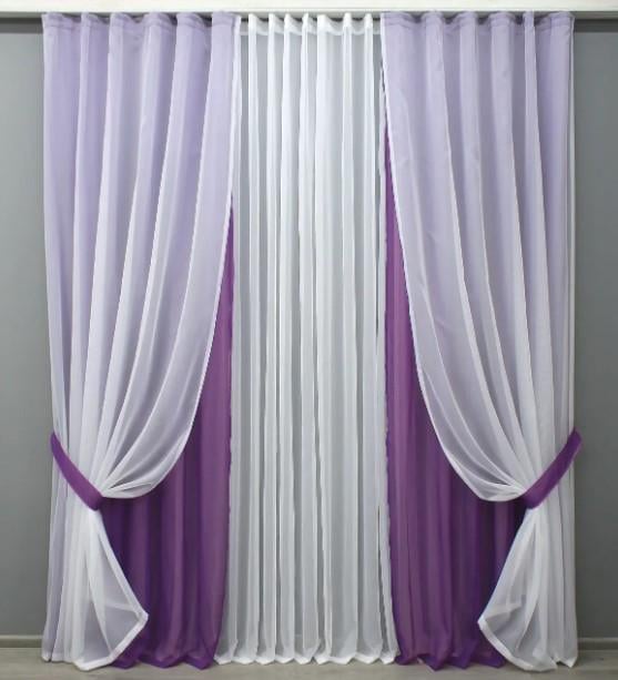 Комплект тюль/штори шифон 6х2,7 м/1,5x2,7 м 4 шт. Фіолетовий/Білий (024дк)