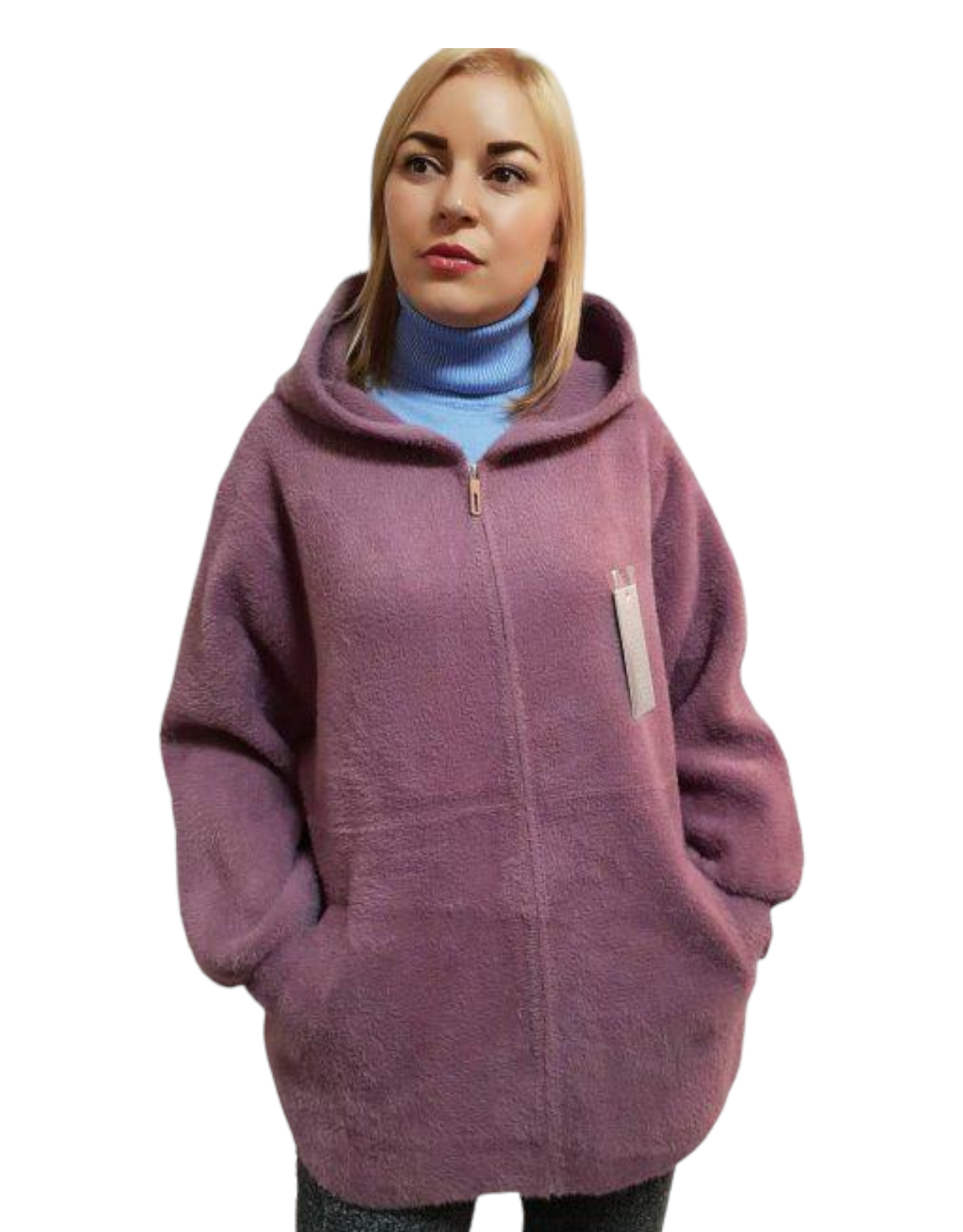 Пальто женское с капюшоном р. 56-60 Сиреневый (9852)