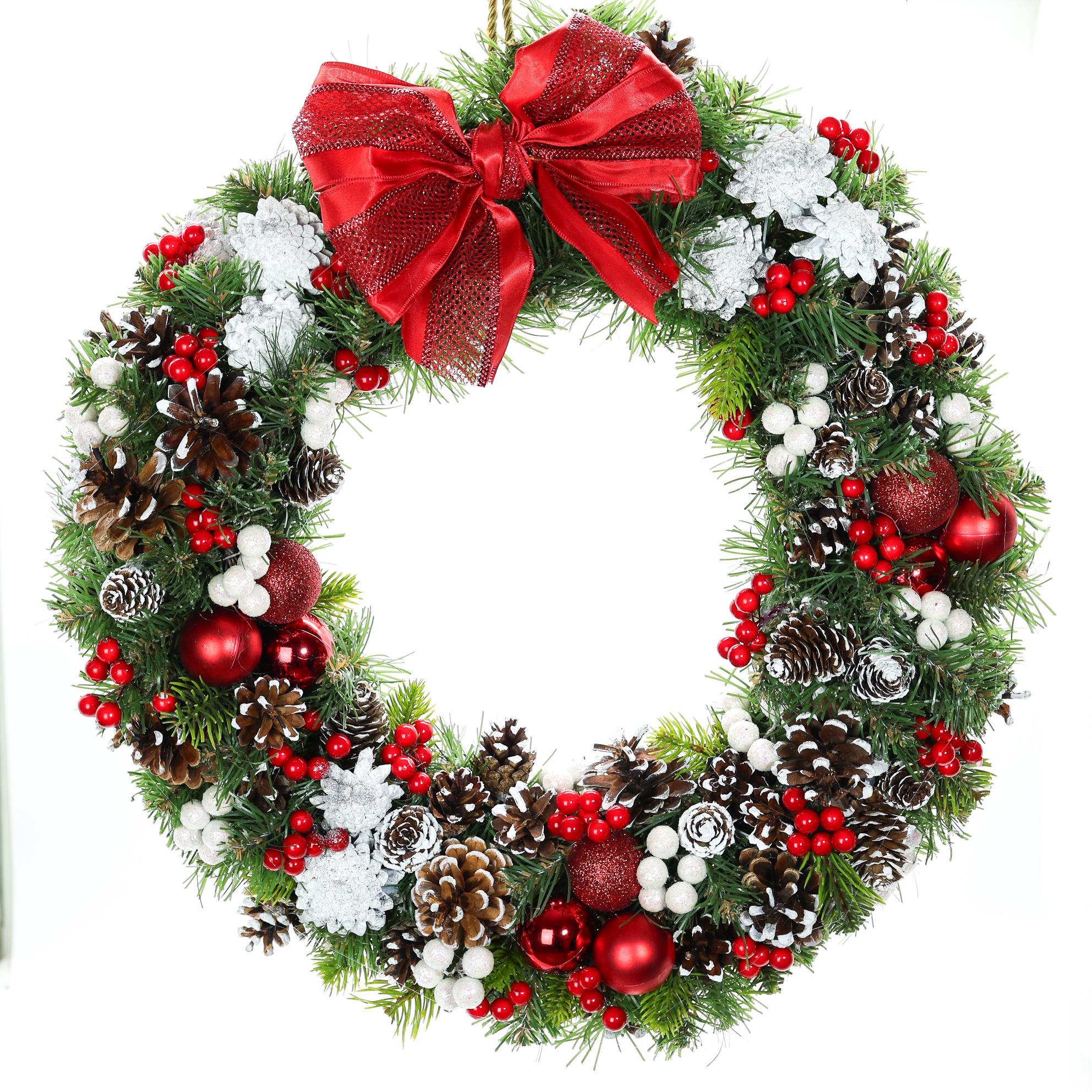 Рождественский венок GALA DECOR из шишек и ягод с красным бантом 45 см (В4510К)