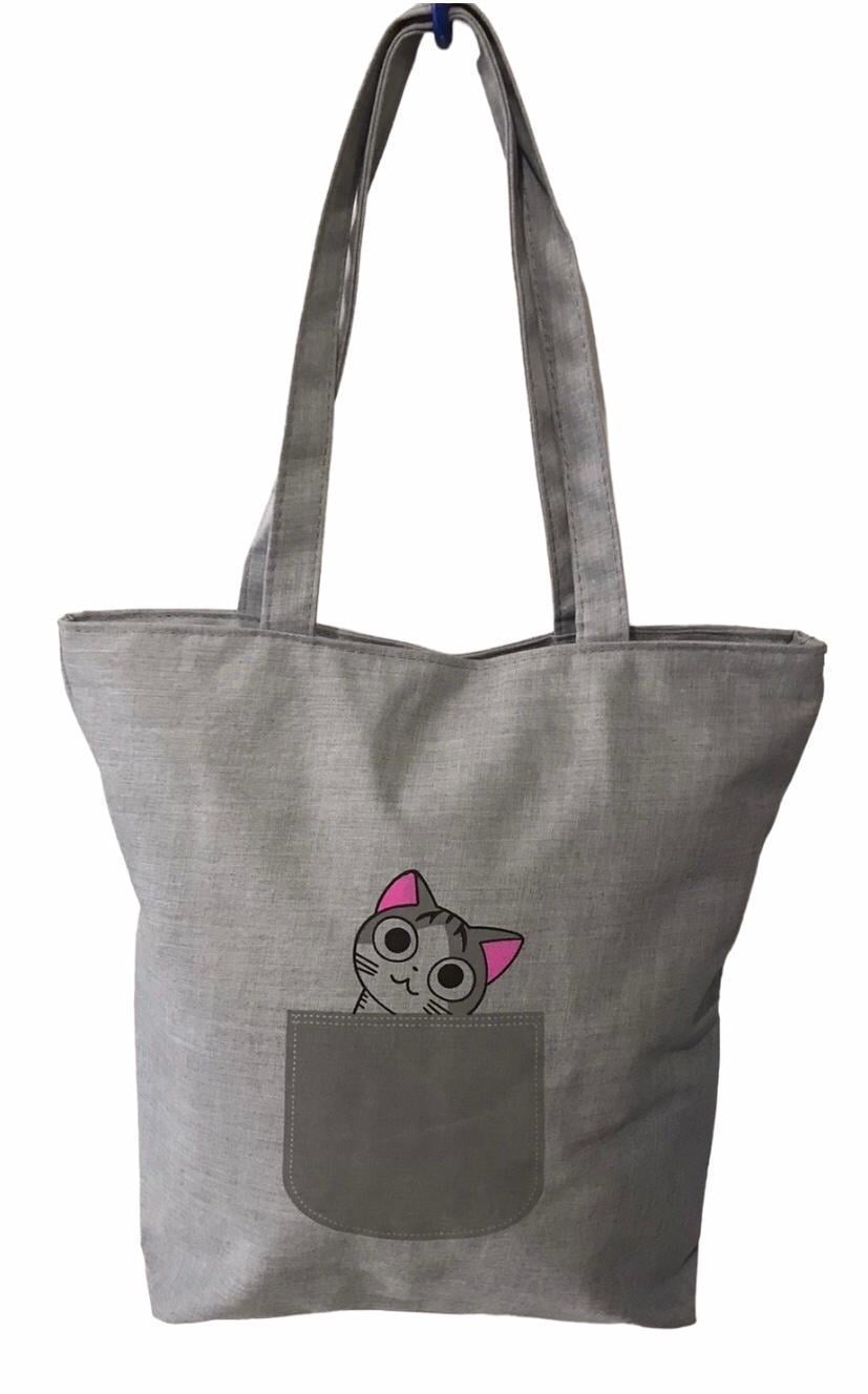 Шопер женский тканевый повседневный на молнии кот в кармане Серый (026E)