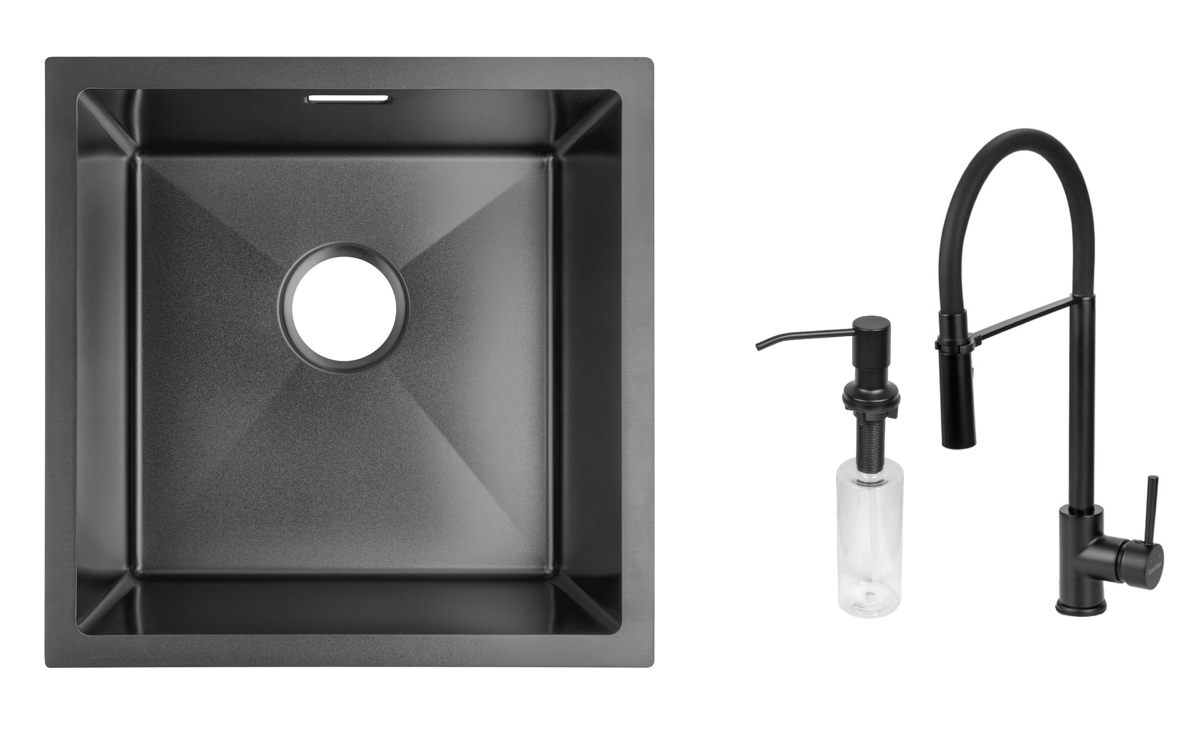 Комплект з кухонної мийки Gunter&Hauer Olef 4522 Black кухонного змішувача Gunter&Hauer ROBUST Black та дозатора Gunter&Hauer SOAP DISPENSER Black