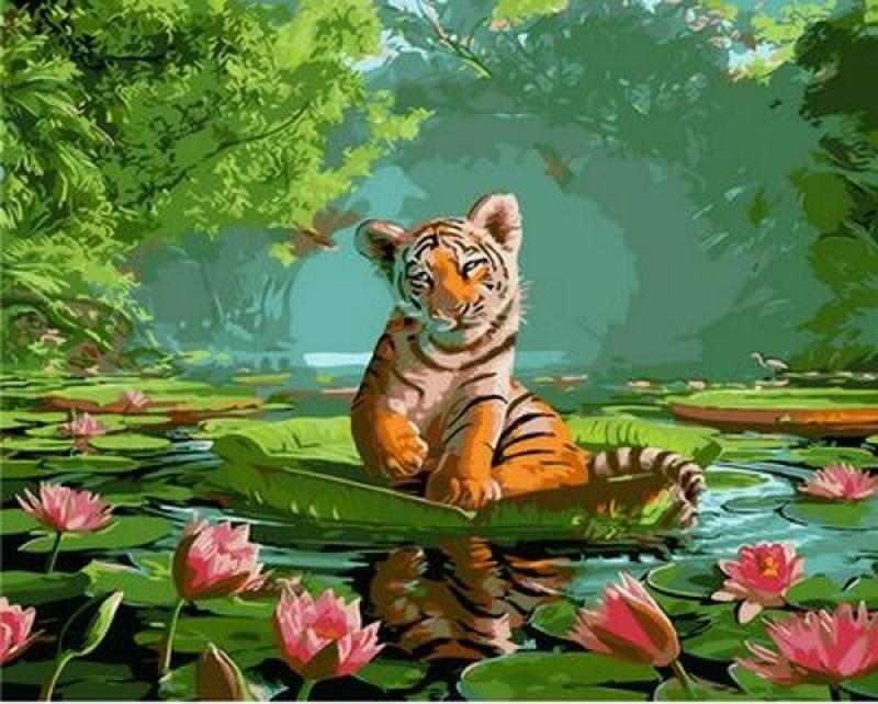 Картина по номерам Mariposa Тигренок и лотосы 40x50 см (skl-Q1264)