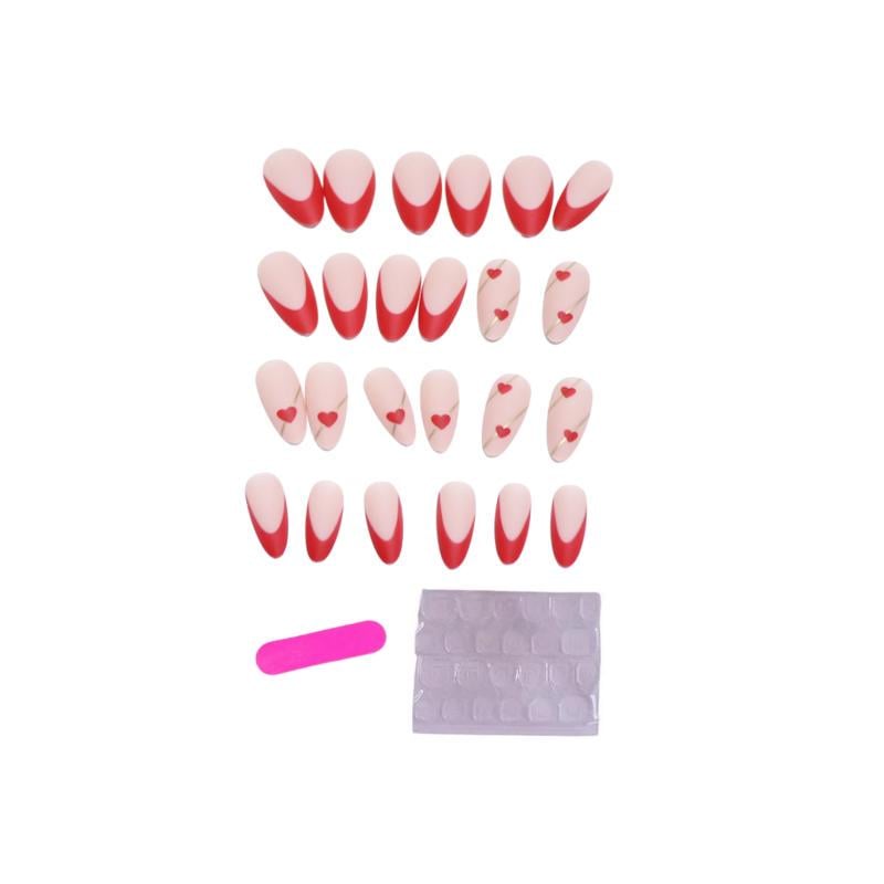 Накладні нігті Френч серця з клейовими пластинами 24 шт. Червоний із золотистим (2689612600)