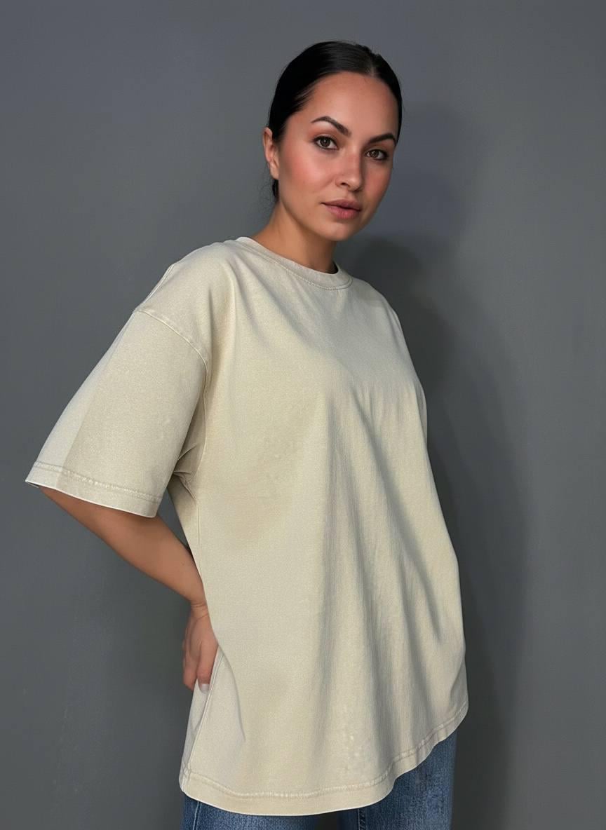 Футболка женская A-N 48020 базовая оверсайз удлиненная свободный крой вареная тай дай OS Бежевый (3446)