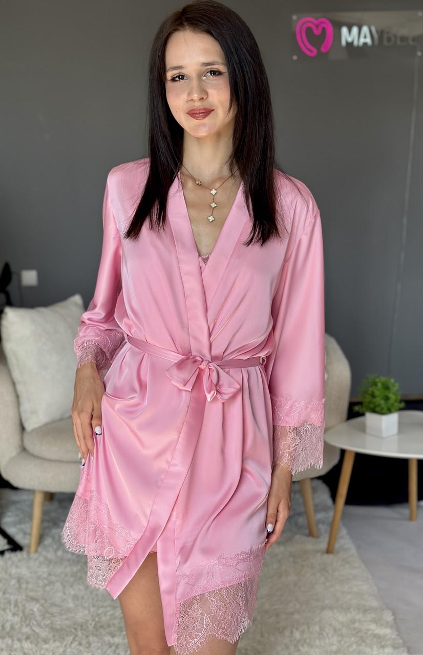 Халат женский шелковый с кружевом 2XL Розовый (2694797940) - фото 5 Халат женский шелковый с кружевом 2XL Розовый (2694797940) - фото 5