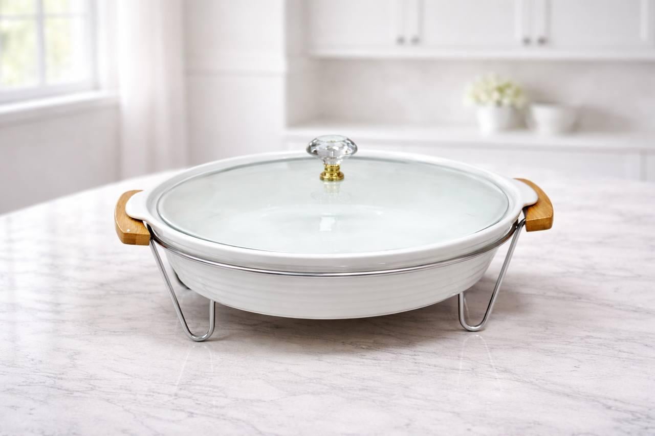 Форма для запекания керамическая круглая со стеклянной крышкой и металлической подставкой 1,4 л (2952873538)