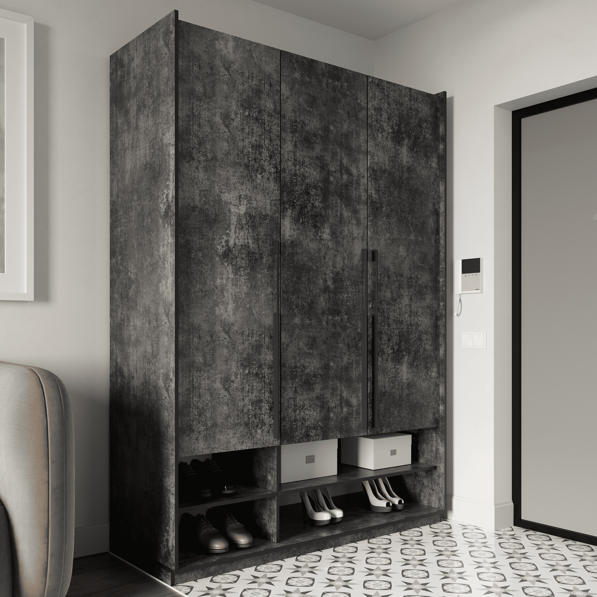 Шкаф распашной Moreli R-0006 на 3 двери со штангой/полками Бетон Темный