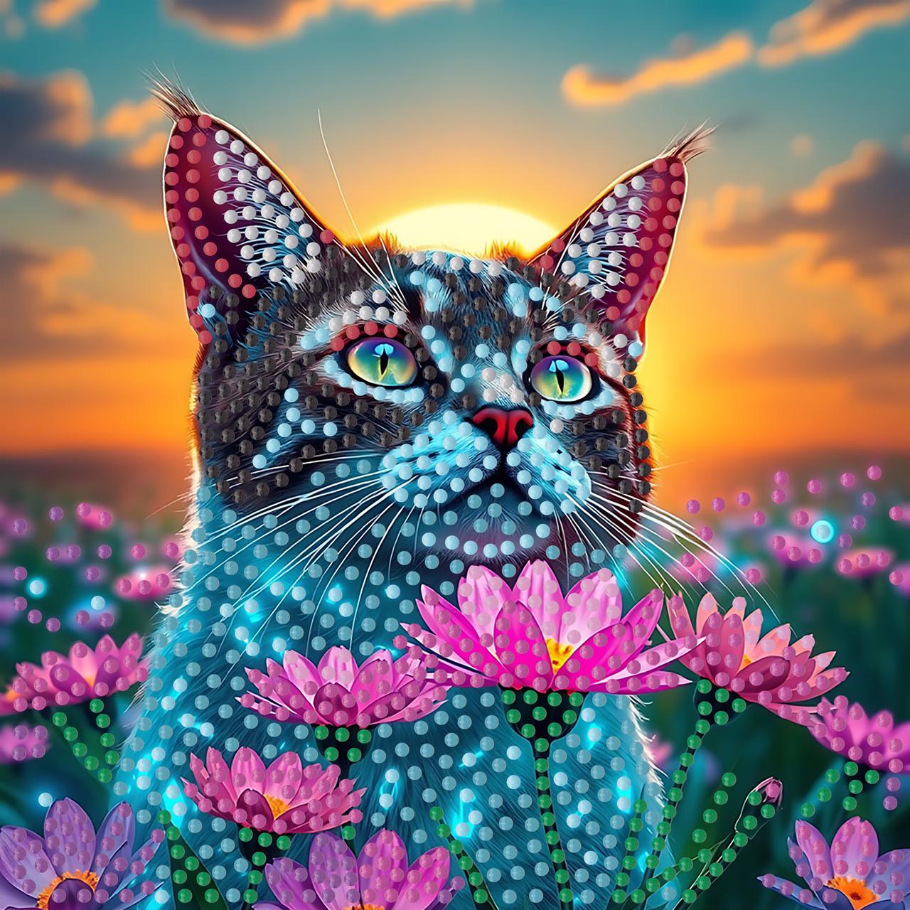 Алмазная мозаика Strateg Кот в поле на бумажной основе 18х18 см (ZAV1818-8)