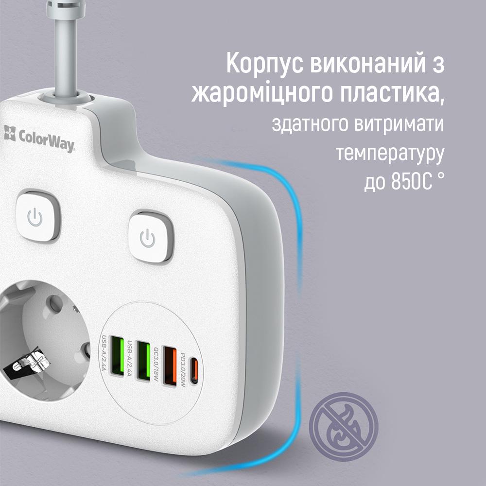 Фильтр-удлинитель сетевой СolorWay 2x220 V/3xUSB-A/1xUSB-C (CW-CHE24PDW) - фото 9