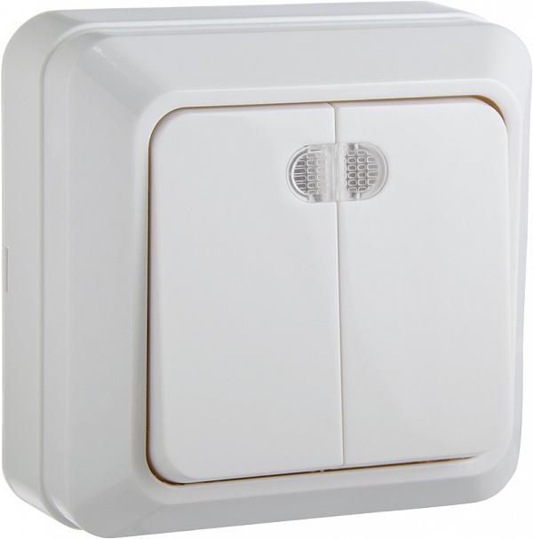 Выключатель АСКО-УКРЕМ CT 2-клавишный наружный с подсветкой Белый (BЗ10-2-1-Ct-W)