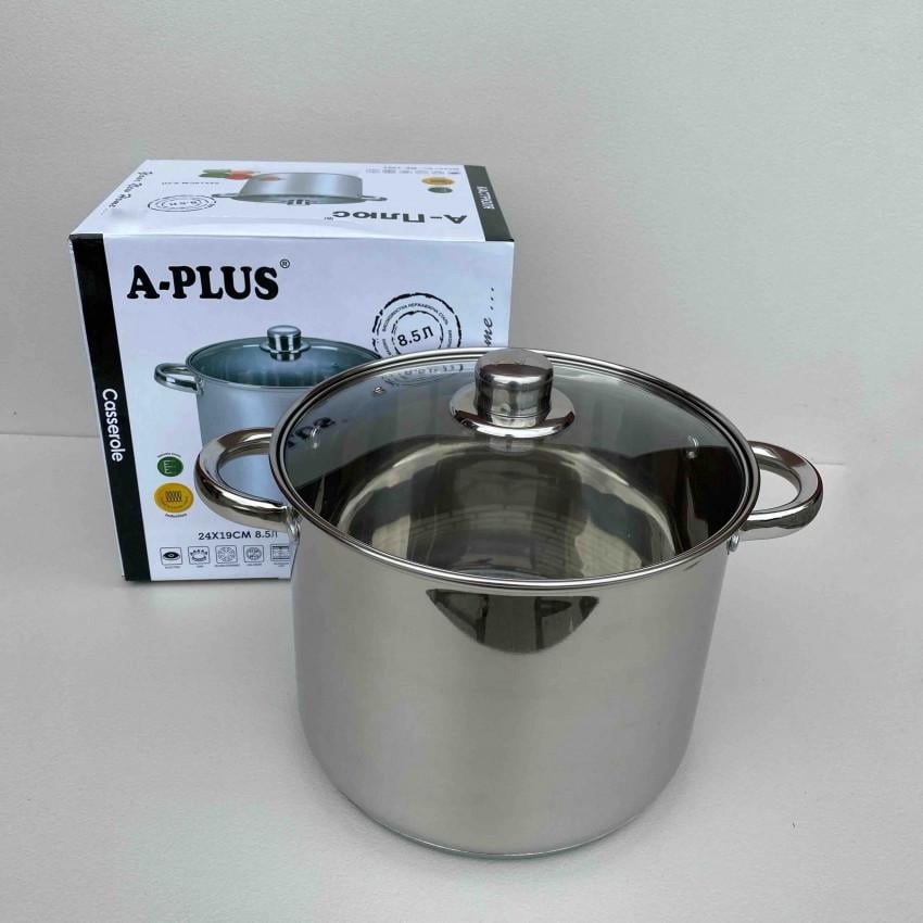 Кастрюля со стеклянной крышкой A-Plus 1391 из нержавеющей стали 8,5 л (2255610733) - фото 1