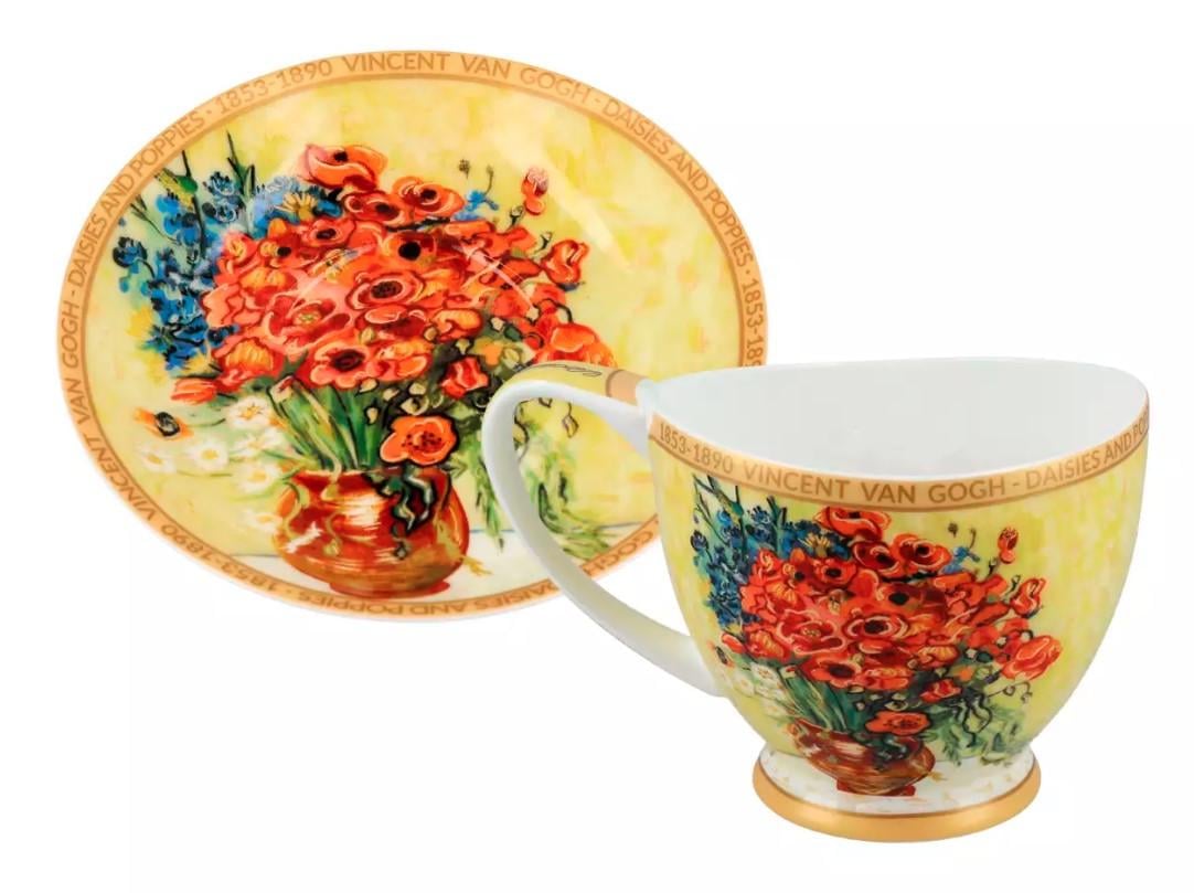 Фарфоровая чашка с блюдцем Carmani В. Ван Гог Красные маки и ромашки 350 мл (830-1005)