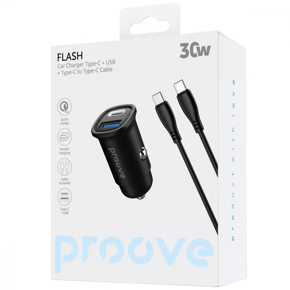 Зарядний пристрій в автомобіль Proove Flash 30 Вт Type-C/USB з кабелем Type-C to Type-C Чорний (27317019) - фото 3