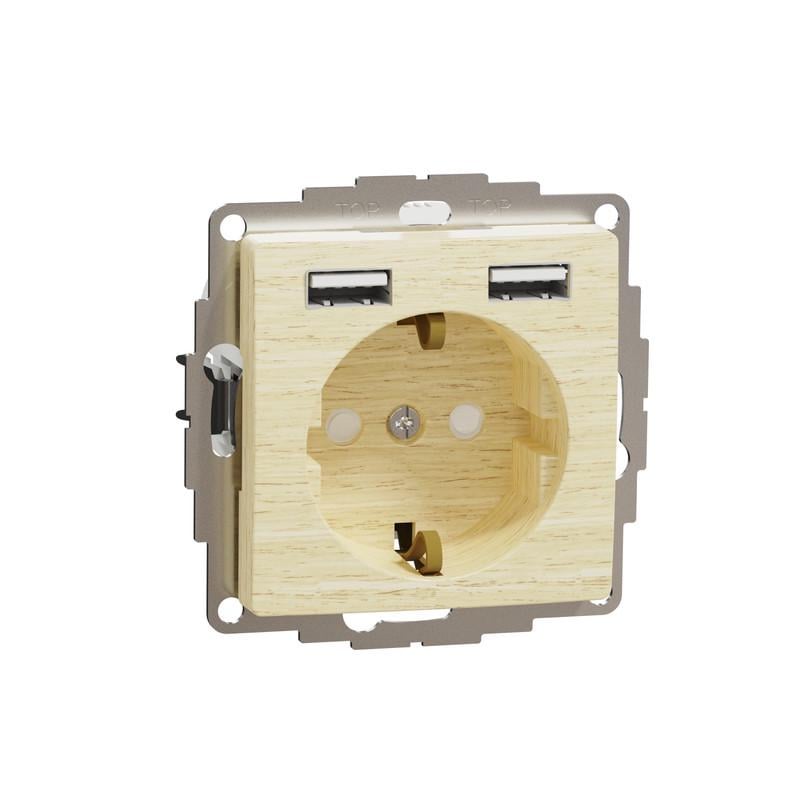 Розетка Schneider Electric ABS-UV Sedna Design&Element с шторками и 2USB разъемами типа A+A Береза (SDD180052)