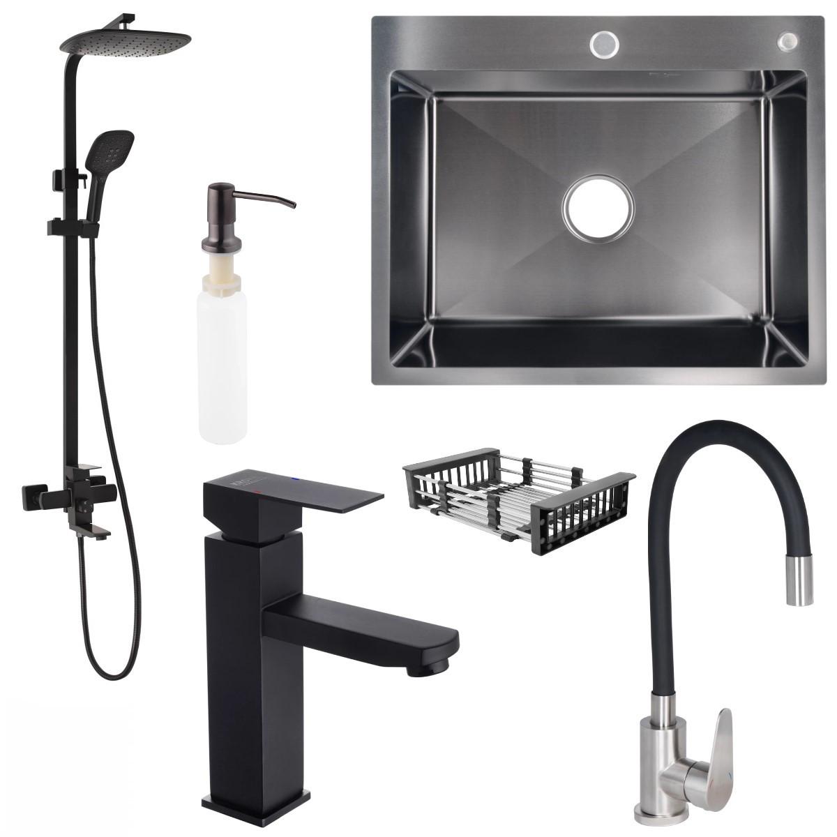 Мойка Lidz 6050 см Черный/смеситель гибкий Vida 015F3/душевая система Kubis 1030/смеситель для раковины Kubis 001F